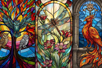 draw colored stained glass art glasswork for cover nature novel animal character