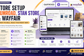 setup stan store or gumroad digital product store or wayfair ecommerce store