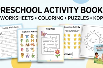 design preschool activity books, kids worksheets, coloring book and kdp workbook