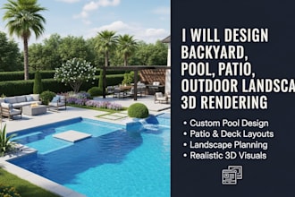 design backyard, pool, patio, outdoor landscape 3d rendering