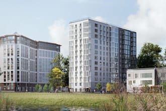 rebuild highrise building exterior, real estate property render,cityscape layout