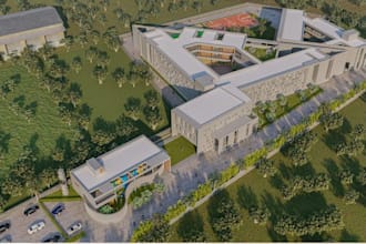 create modern school, campus, institutional architectural 3d design, sports area
