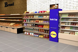 functional 3d commercial store interior, display area,store layout, kiosk design