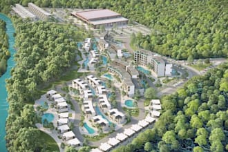 redevelop 3d resort complex,private pool,aerial view render,beach villa,park lot