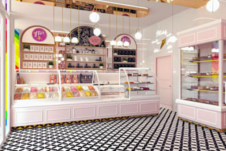 provide 3d ice cream shop design, artisan ice cream, 3d frozen dessert design