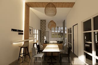 design small space 3d family store interior,dining area decor,bar counter render