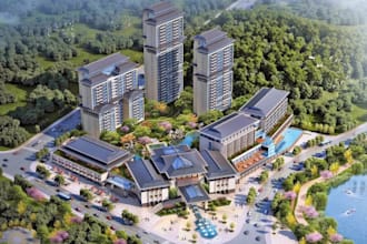3d waterfront hotel complex, mixed use  commercial tower, urban cityscape render