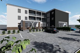 upgrade stunning 3d event hall exterior rendering, parking area,landscape design