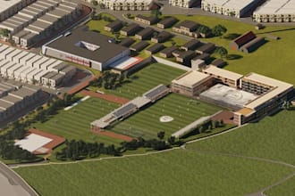 remodel sport complex exterior, outdoor court, sport field, aerial view render
