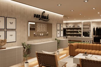 stylish 3d retail showroom interior,clothing display design, seating area render