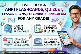 design anki flashcard, quizlet, lesson plan, elearning curriculum for any grade