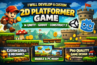 develop a custom 2d platformer game in unity, godot, or construct 3 for you