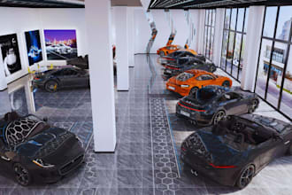 design 3d car showroom design, car maintainers, car care taker, vehicle showcase