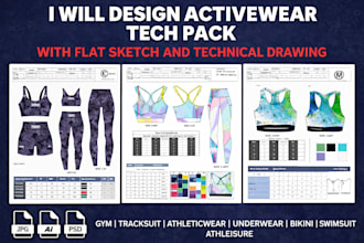 design activewear tech pack with flat sketch and technical drawing