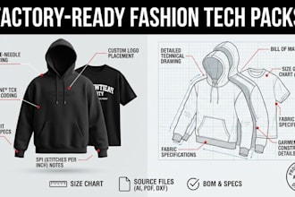 design streetwear, hoodie, and fashion apparel tech packs with flat sketches