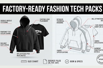 design streetwear, hoodie, and fashion apparel tech packs with flat sketches