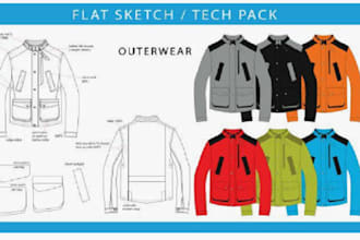 create professional clothing tech pack, fashion tech pack and  flat sketch