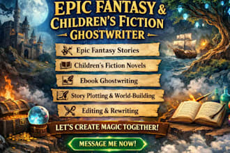 write epic fantasy adventure story ghostwrite children fiction novel, ebooks
