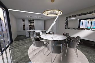 create a 3d luxury kitchen and open space dining interior design