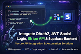 integrate oauth 2, jwt login and social login, stripe api, supabase backend