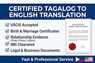 provide certified tagalog to english translation for uscis and legal documents
