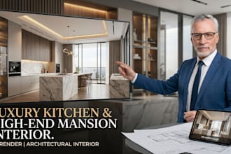 luxury kitchen and high end mansion interior, 3d render, architectural interior