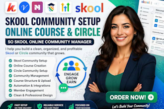setup skool, skool community, skool online course and skool community manager