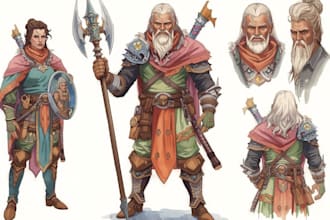 make fantasy, dnd,  watercolor characters scenes