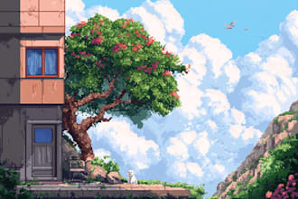 create pixel art background, landscape, illustration
