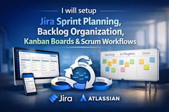 setup jira sprint planning, backlog organization kanban board and scrum workflow