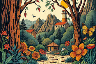 create niche colorful linocut and woodcut book illustrations