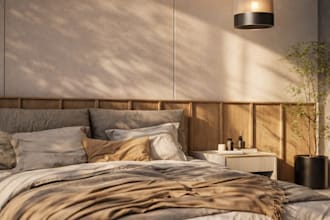 design a minimalist japandi 3d interior with warm photorealistic renders
