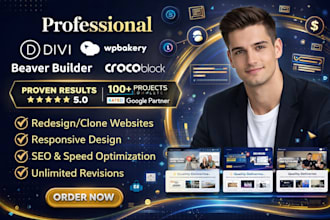 design create or redesign wordpress website using divi wpbakery beaver builder