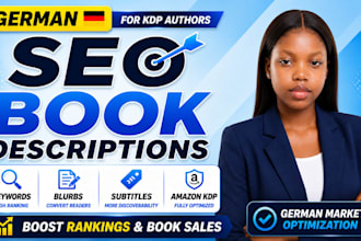 write SEO amazon KDP book description and keywords for german authors