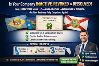 reinstate your llc or corporation in delaware and florida with certificate