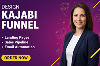 set up  kajabi pipeline funnel with landing pages, email sequence, automations