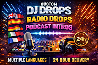 in 24hrs, create custom dj drops radio drops  podcast intros