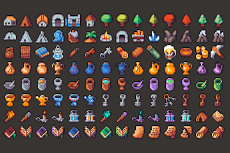 design 2d pixel art game asset, UI, health bars, icons, menus, for your 2d game
