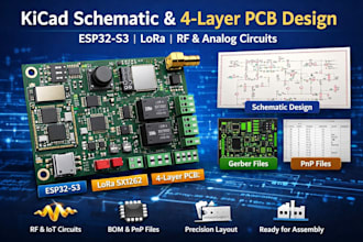 design kicad schematic and 4 layer pcb for esp32 s3, lora analog and rf circuits