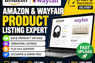 upload amazon and wayfair product listings bulk, variation, fast