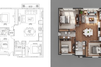create 2d floor plan, 3d floor plan, realistic 3d architectural rendering