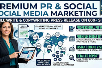 write and copywriting press release on 600 plus site with PR and social media