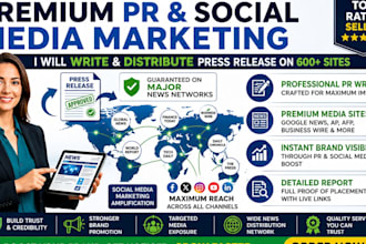 write and copywriting press release on 600 plus site with PR and social media