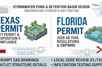 design a florida or texas detention basin and stormwater pond for permit
