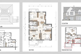 2d floor plan design, roof plan, elevation, section, and renovation plan