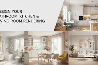 do bathroom, kitchen, living room interior design, 3d model and rendering