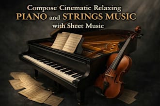 cinematic relaxing piano and strings music with sheet music