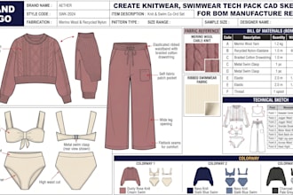 create knitwear, swimwear tech pack cad sketches for bom manufacture ready