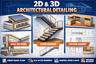 do 2d 3d architectural wall sections, stair,  joinery, roof and finish drawings