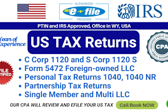 us tax returns 1040, schedule c, 1120, 1120 s etc
